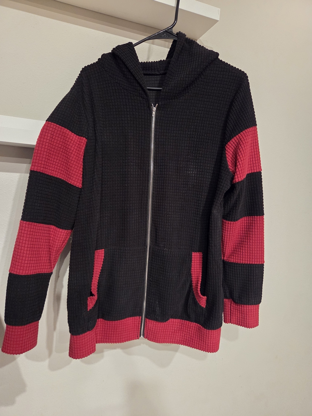 Waffle-Knit Zip Hoodie in Black & Red With Ears